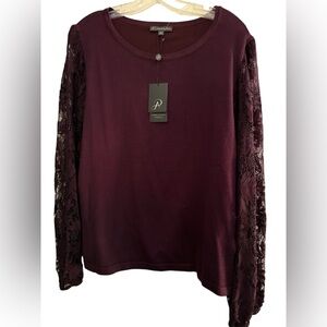 Adrianna Papell burgundy Lace Sleeve Blouse